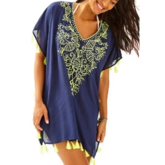 EUC Lilly Pulitzer Castilla Tunic Coverup Navy Lime Green Embroidery S/M - Picture 1 of 7